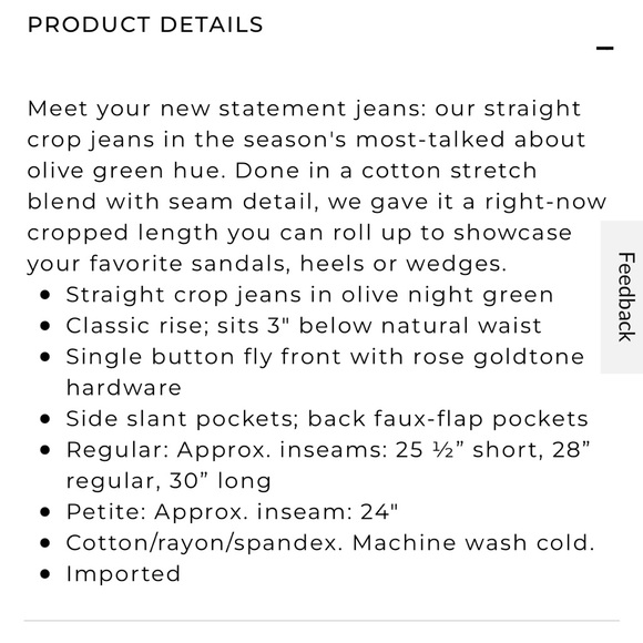 NWT Womens White House black market the straight crop pant olive green - Picture 14 of 14